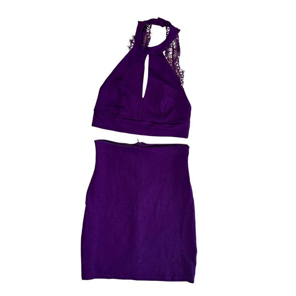 LULU'S 2 Piece Purple Lace Back Crop TOp & Skirt Set Size Small